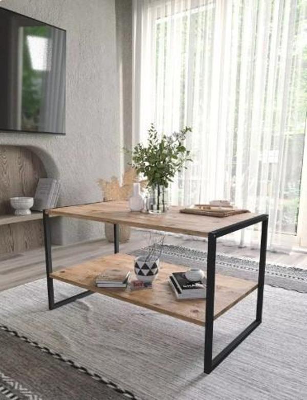 Bofigo 50x90 Metal Orta Sehpa Dikdörtgen Orta Sehpa Raflı Kahve Sehpası Çam - Image 1