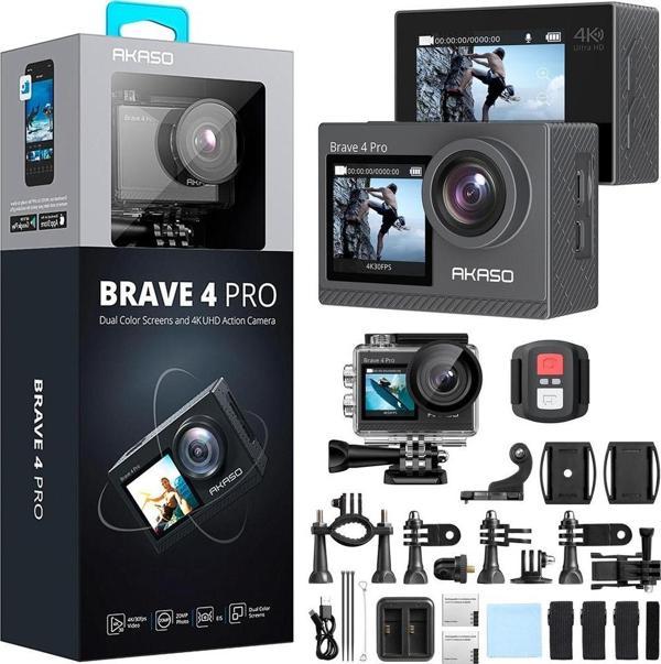 Akaso Brave 4 Pro Dual Screens 4K 30Fps Wi-Fi Aksiyon Kamera ve Süper Aksesuar Seti (Akaso Türkiye 2 Yıl Garantili)  - Image 1