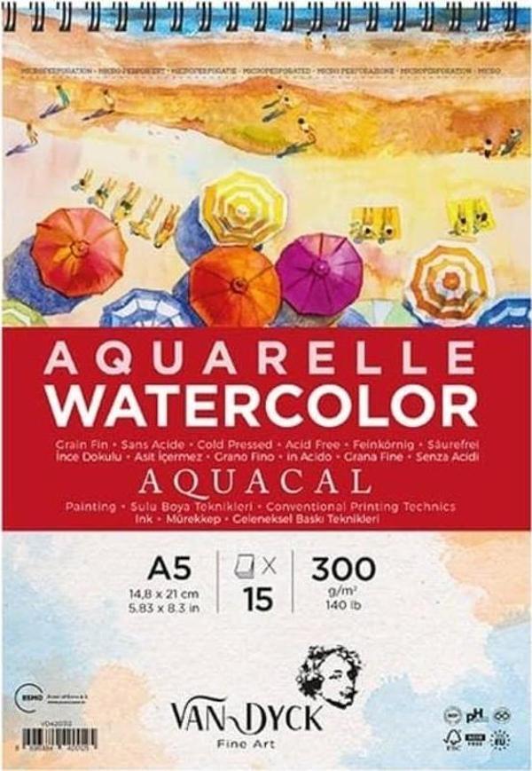 Van Dyck Aquacal Cold Press İnce Dokulu Sulu Boya Blok 300 gr 15 yp A5 Spiralli - Image 1