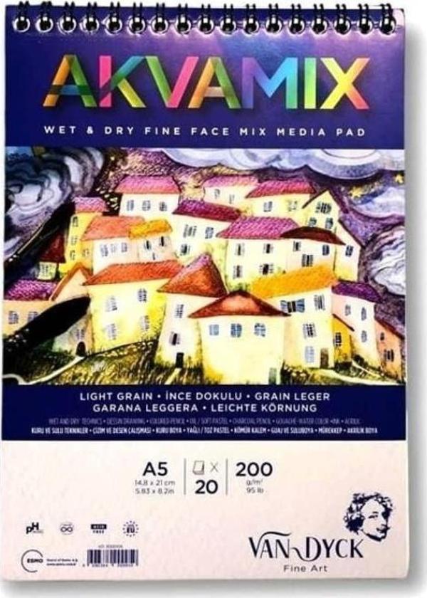 Van Dyck Akvamix Multi Teknik Sanatsal Blok 200 gr 20 yp A5 Spiralli - Image 1