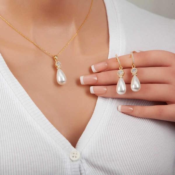925 Ayar Gümüş Gold Damla İnci Kadın Set - Image 1