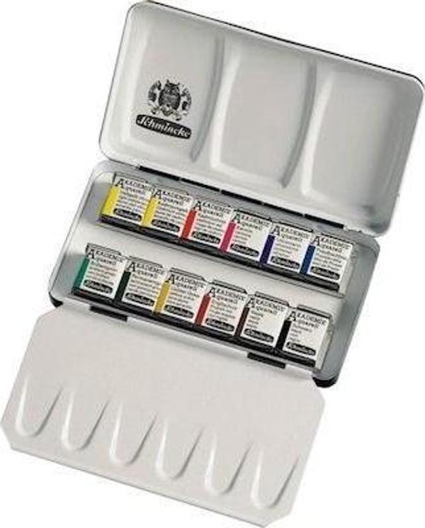 Schmincke Akademie Aquarell Taş Sulu Boya 1/2 Tablet 12 Renk Metal Set - Image 1