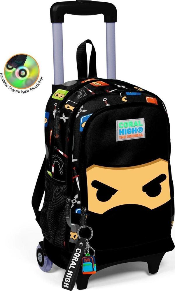 Coral High Kids Siyah Ninja Desenli Üç Bölmeli Çekçekli Okul Sırt Çantası 23381 - Image 1