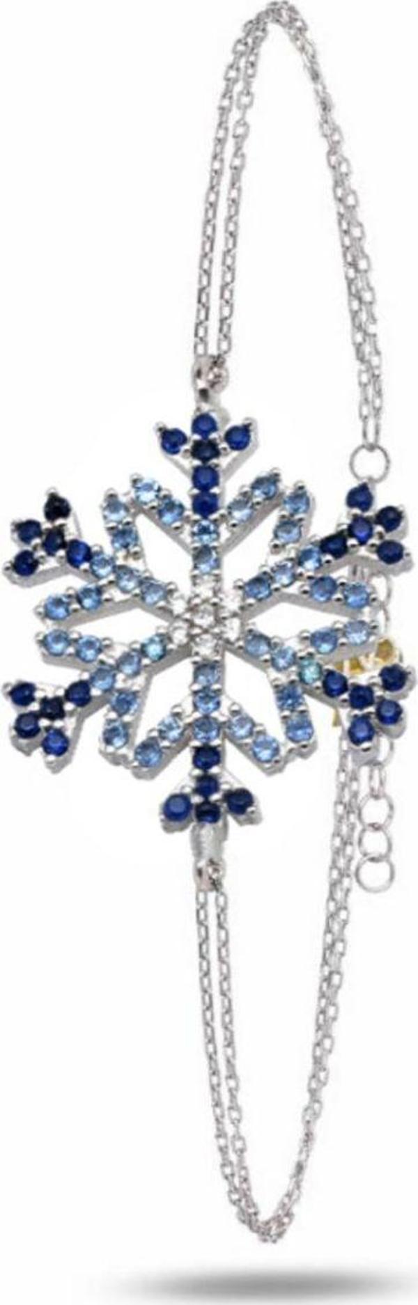 Diamond Seri Aqua-Safir Taşlı Kar Tanesi Snowflake Gümüş Bileklik - Image 1