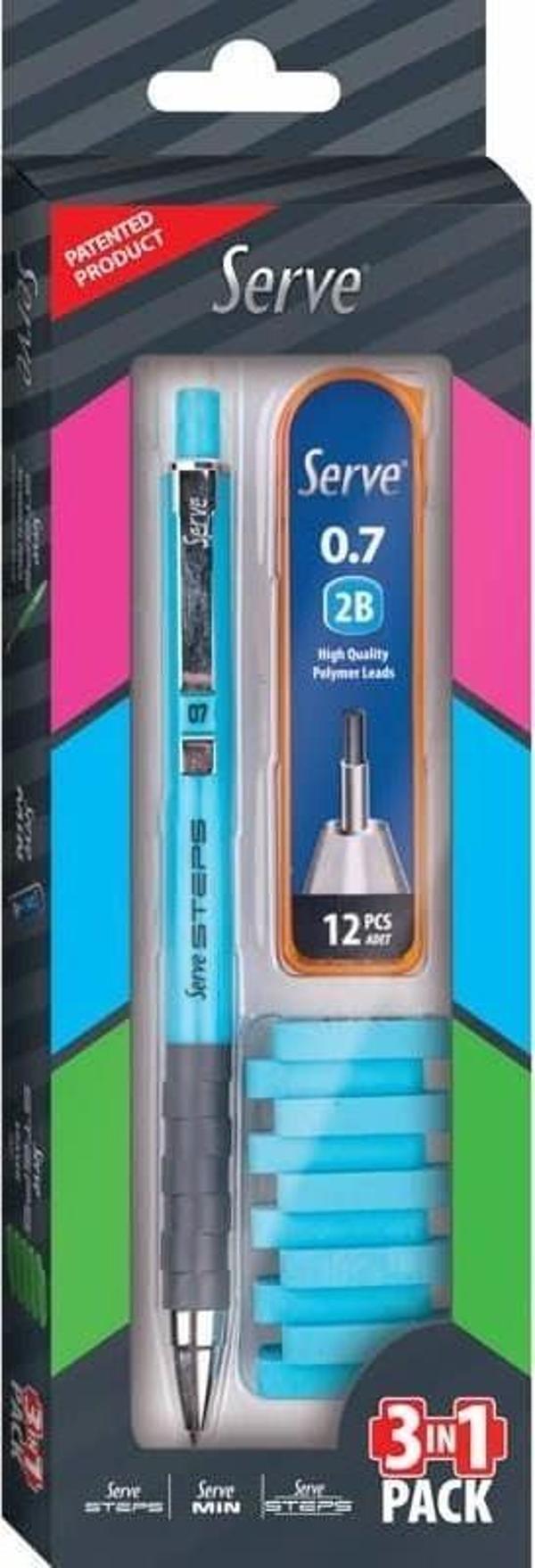 Serve Steps Versatil Kalem 0.7 mm + Min + Silgi 3'lü Set Fosforlu Mavi - Image 1