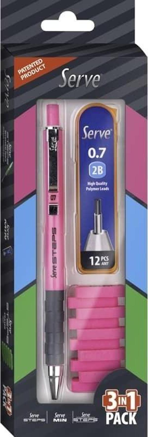 Serve Steps Versatil Kalem 0.7 mm + Min + Silgi 3'lü Set Fosforlu Pembe - Image 1