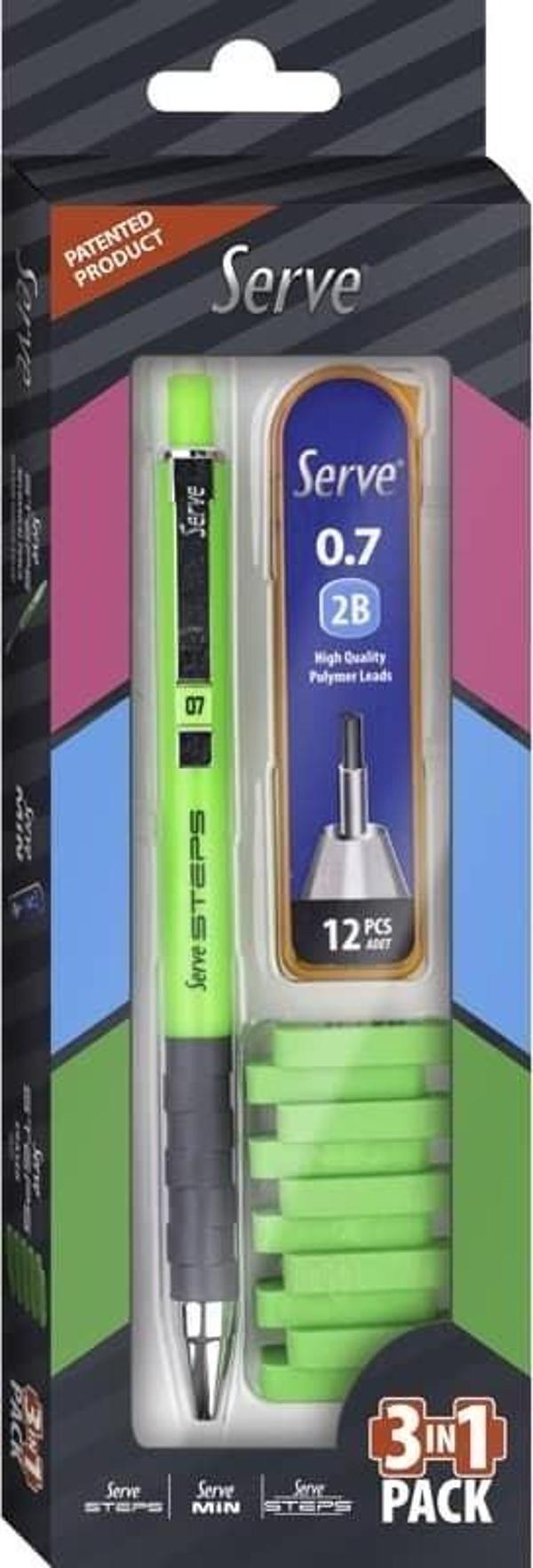 Serve Steps Versatil Kalem 0.7 mm + Min + Silgi 3'lü Set Fosforlu Yeşil - Image 1