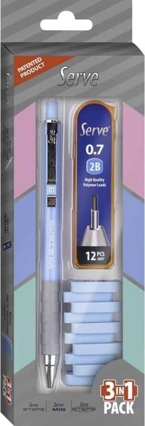 Serve Steps Versatil Kalem 0.7 mm + Min + Silgi 3'lü Set Gök Mavi - Image 1