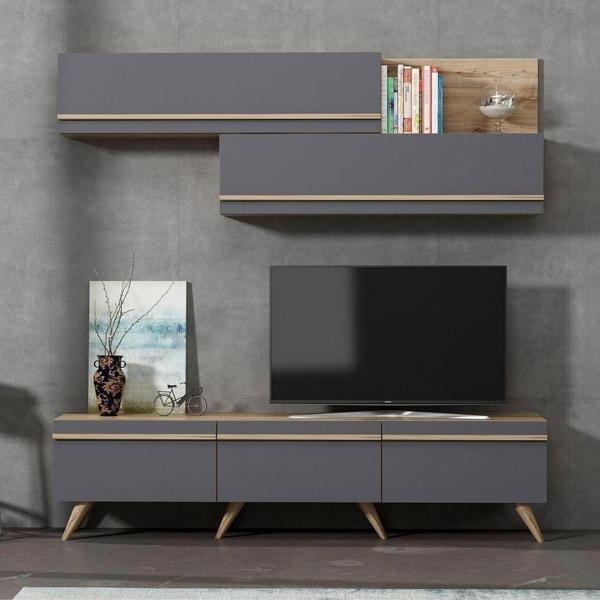 İnarch Dizayn Amsterdam Style Tv Ünitesi Alt Ve Üst Modül Takım Antrasit - Çırağan - Image 1