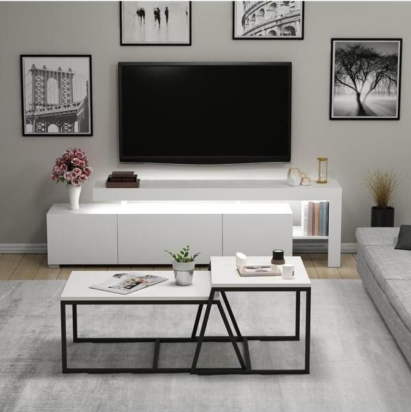İnarch Dizayn Beliz Işıklı Tv Ünitesi Ve Minimal 2'li Orta Sehpa Takımı Beyaz - Image 1
