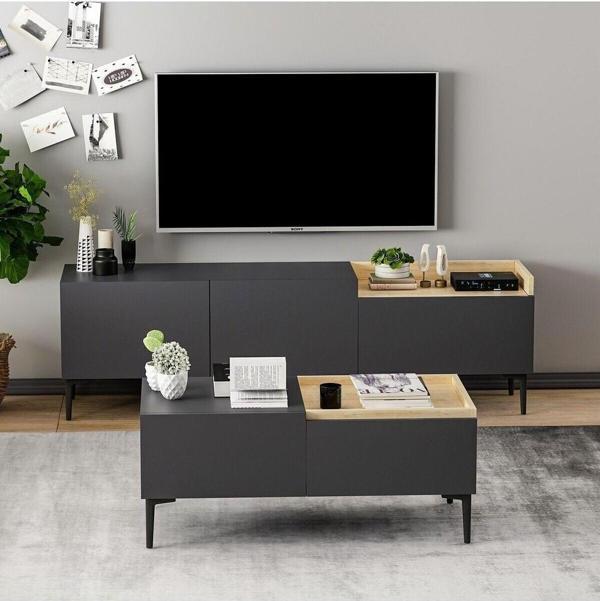 İnarch Dizayn Mia Tv Ünitesi ve Orta Sehpa Takım Antrasit - Safir Meşe - Image 1