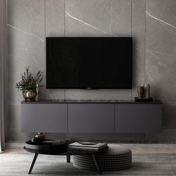 İnarch Dizayn Neon 3 Kapaklı Duvara Monte Tv Sehpası Antrasit (MERMER DESEN) - Image 1