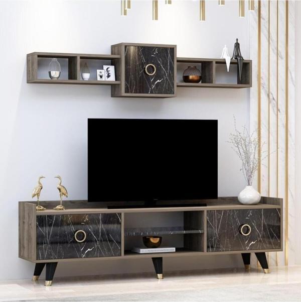 İnarch Dizayn Rosa Tv Ünitesi Alt Ve Üst Modül Takım Siyah Mermer Desen - Image 1