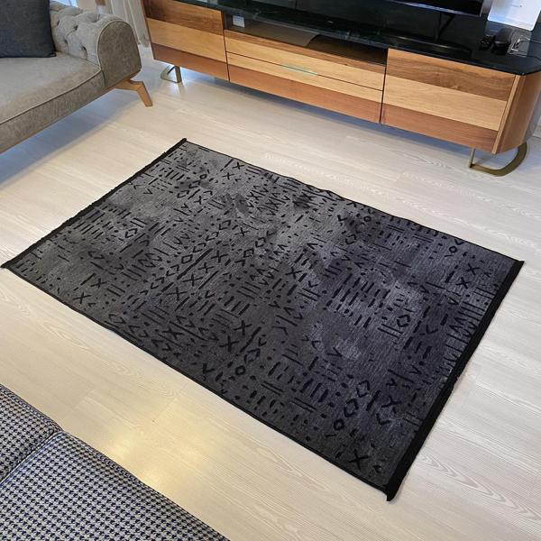 Gardenya Gala Seri Natural Antialerjik İskandinav Desen Antrasit Şönil Dokuma Halı Saçaklı Kilim - Image 1