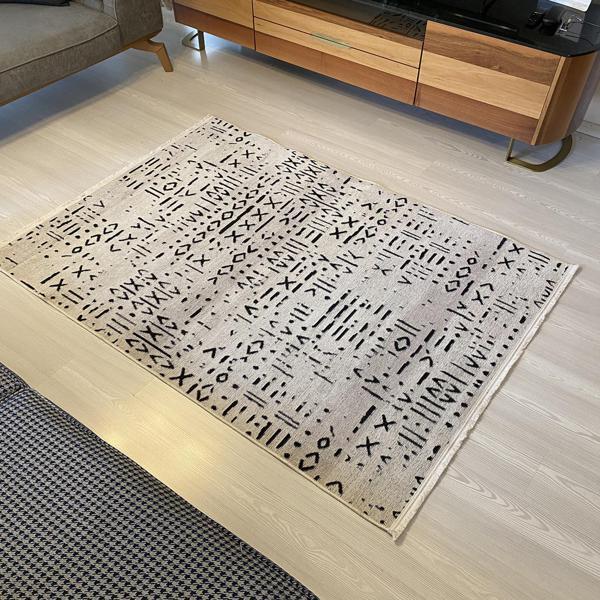 Gardenya Gala Seri Natural Antialerjik İskandinav Desen Beyaz Şönil Dokuma Halı Saçaklı Kilim - Image 1