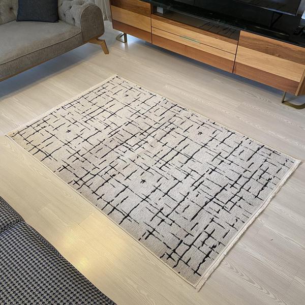 Gardenya Gala Seri Natural Antialerjik Soyut Desen Açık Gri Şönil Dokuma Halı Saçaklı Kilim - Image 1