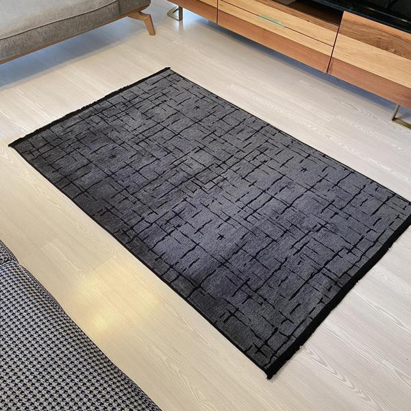 Gardenya Gala Seri Natural Antialerjik Soyut Desen Antrasit Koyu Gri Şönil Dokuma Halı Saçaklı Kilim - Image 1
