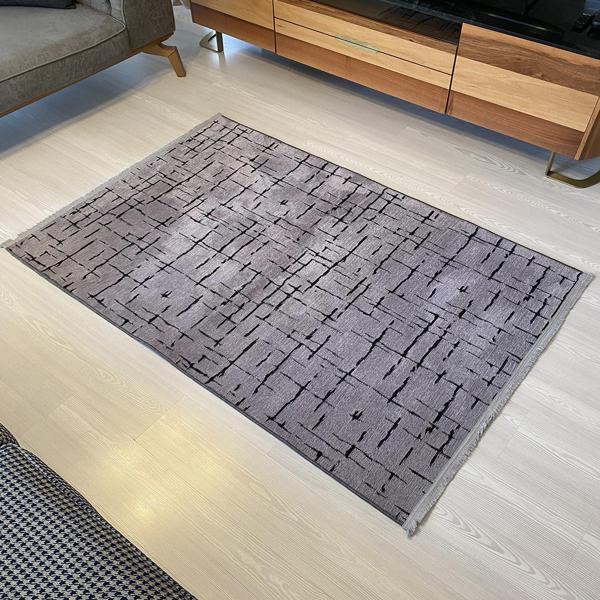 Gardenya Gala Seri Natural Antialerjik Soyut Desen Koyu Gri Şönil Dokuma Halı Saçaklı Kilim - Image 1