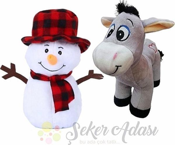 Şeker Adası Peluş Kardan Adam 25 Cm ve Eşek 28 Cm Yılbaşı Kış Dekoratif Hediye Süsleme - Image 1
