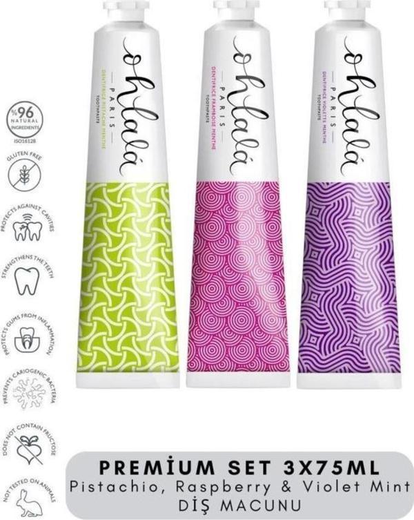 Ohlala Pistachio, Raspberry&Violet Mint Premium Set 3 x 75 ml Diş Macunu Seti - Image 1