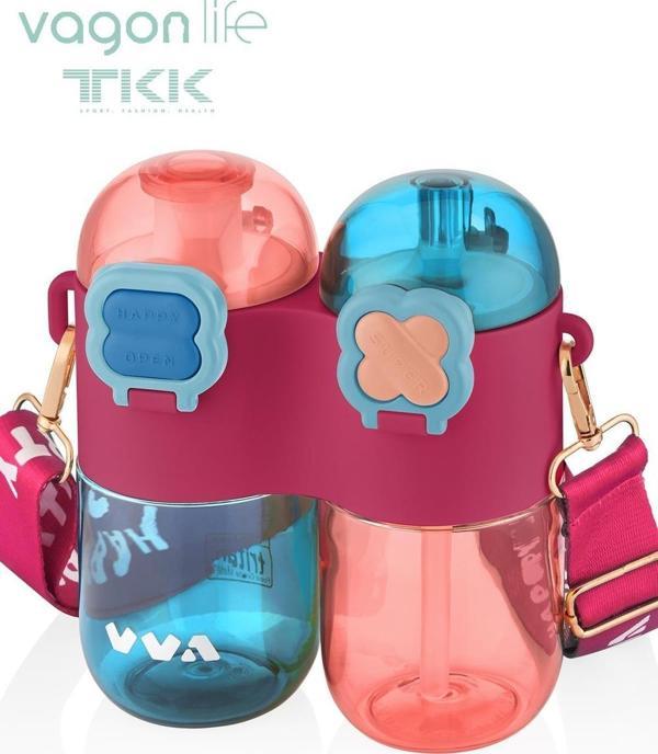 TKK Tek Gövde Çift Hazne 2*400 800ml Sıvı Kapasiteli Boyun Askılı Pipetli /Rahat içim Tritan Matara - Image 1