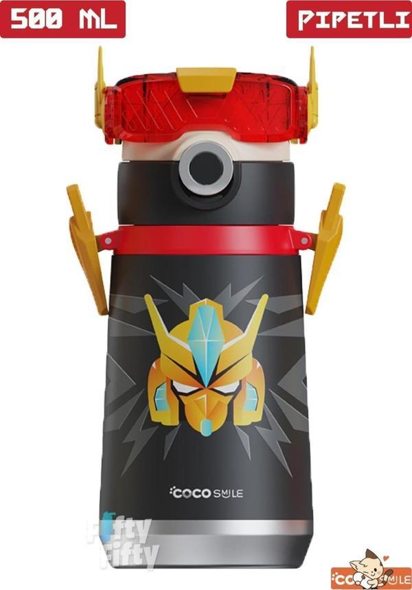 CocoSmile Özel Kutulu 500 ML Pipetli Çelik Termos -Boyun Askılı- 4 Farklı Robot Modeli  cs0001 - Image 1