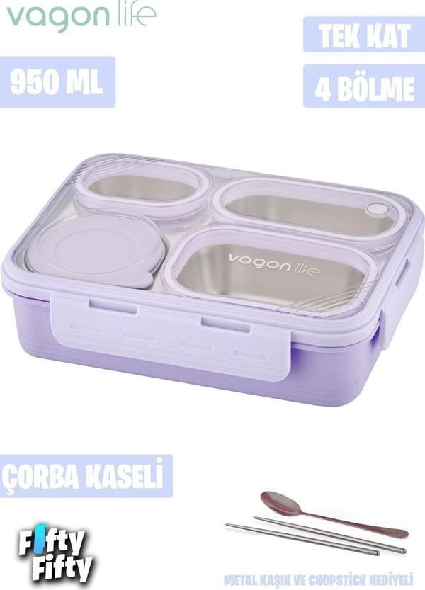Vagonlife Lunch Box 950 ML Paslanmaz Çelik Tek Kat Dört Bölmeli Çorba Kaseli Metal Kaşıklı-FFLBOX7099 - Image 1