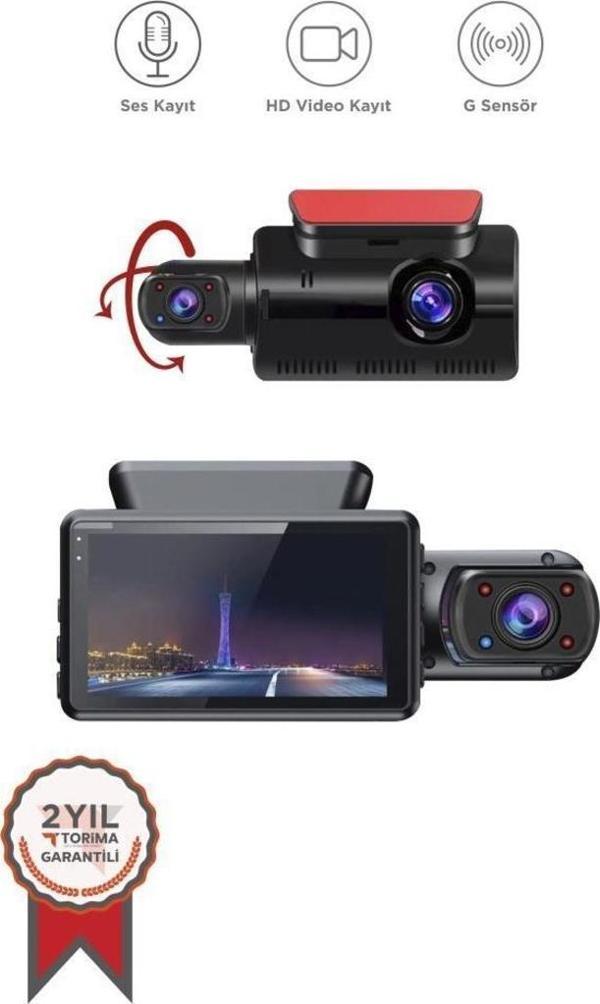 Torima TA-03 Siyah 1296p Araç içi 2 Kameralı Lcd Ekranlı Gece Görüşlü , G-sensörlü  Yol Kayıt Araç Kamerası - Image 1