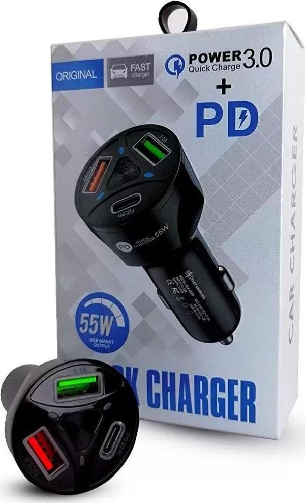 Ms-Cc12 55W Pd 20W Type-C Grişi 2 Usb Araç Çakmaklık Girişli - Image 1