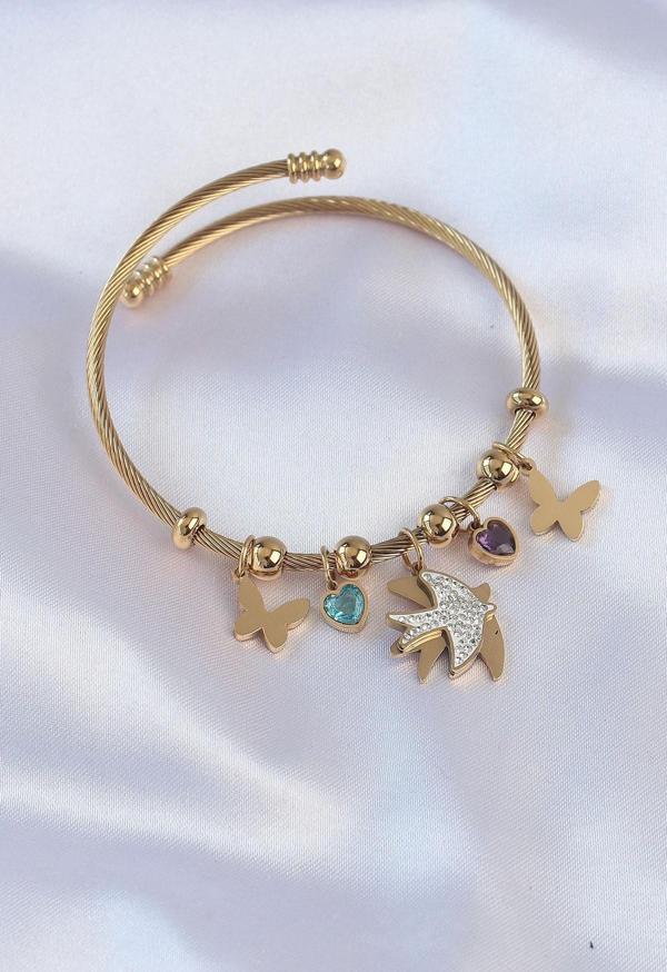 316L Çelik Gold Renk Zirkon Taşlı Minimal Kalp Detay Kelebek Charm Bileklik - EBJ240613W24949 - Image 1