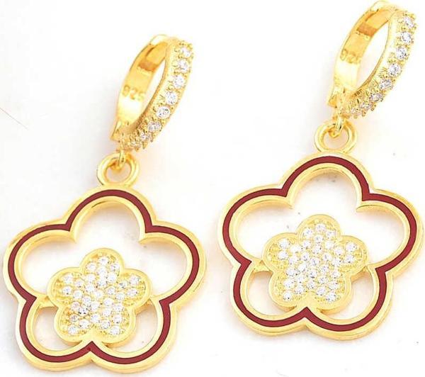 ​Gümüş Gold Sallantılı Çiçek Desenli Kadın Küpe - Image 1