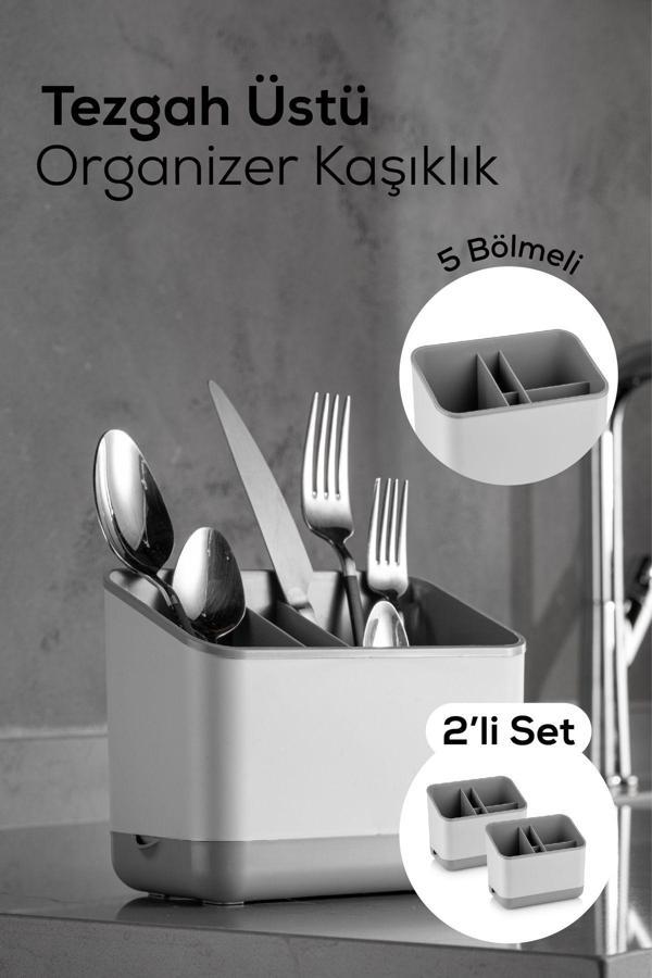 Vienev 2 Adet Tezgah Üstü Kaşık Düzenleyici 5 Bölmeli Organizer Kaşıklık Gri - Image 1