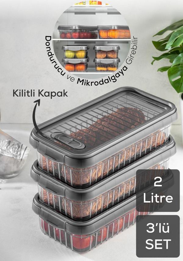 Vienev 3lü Kendinden Çizgili Kilitli Kapaklı Saklama Kabı Seti 2 Litre - Image 1