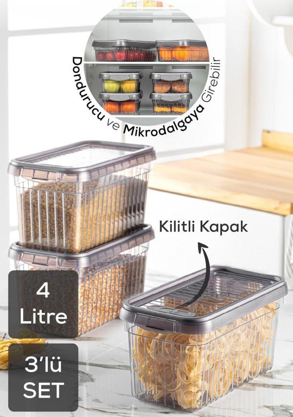 Vienev 3lü Kendinden Çizgili Kilitli Kapaklı Saklama Kabı Seti 4 Litre - Image 1