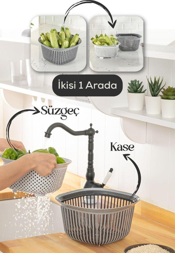Vienev 4 Litre Kare Kase Ayrı Süzgeçli Antrasit-Füme - Image 1