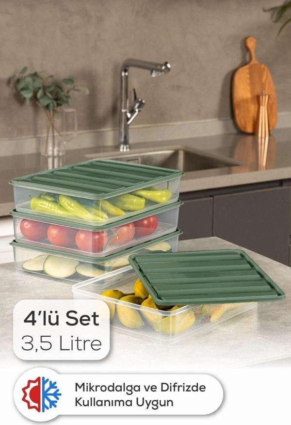 Vienev 4lü 3,5 Litre Buzdolabı Dondurucu Organizer Mikrodalga ve Difrize Uygun Saklama Kabı Yeşil - Image 1