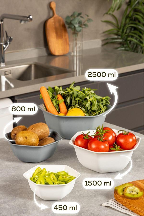Vienev 4lü Altıgen Kase Seti Beyaz-Antrasit - Image 1