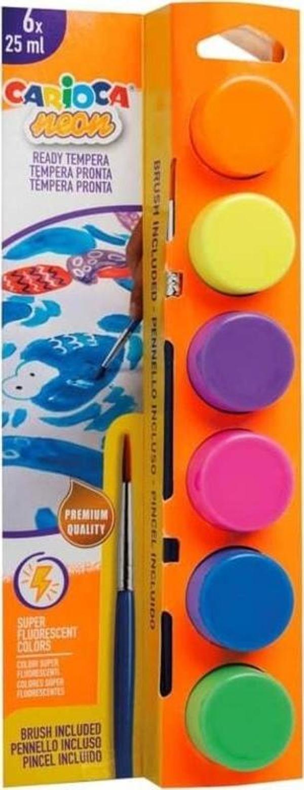 Carioca Tempera Yıkanabilir Poster Boya 25 ml x 6 Fosforlu Renk Fırçalı Set - Image 1