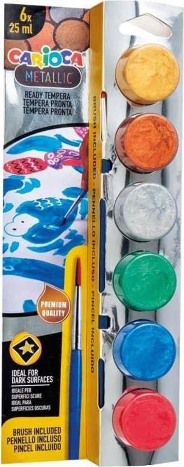 Carioca Tempera Yıkanabilir Poster Boya 25 ml x 6 Metalik Renk Fırçalı Set - Image 1