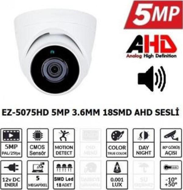 Ezcool Ez-5075Hd 5Mp 3.6Mm 18Smd Ahd Sesli Dome - Image 1