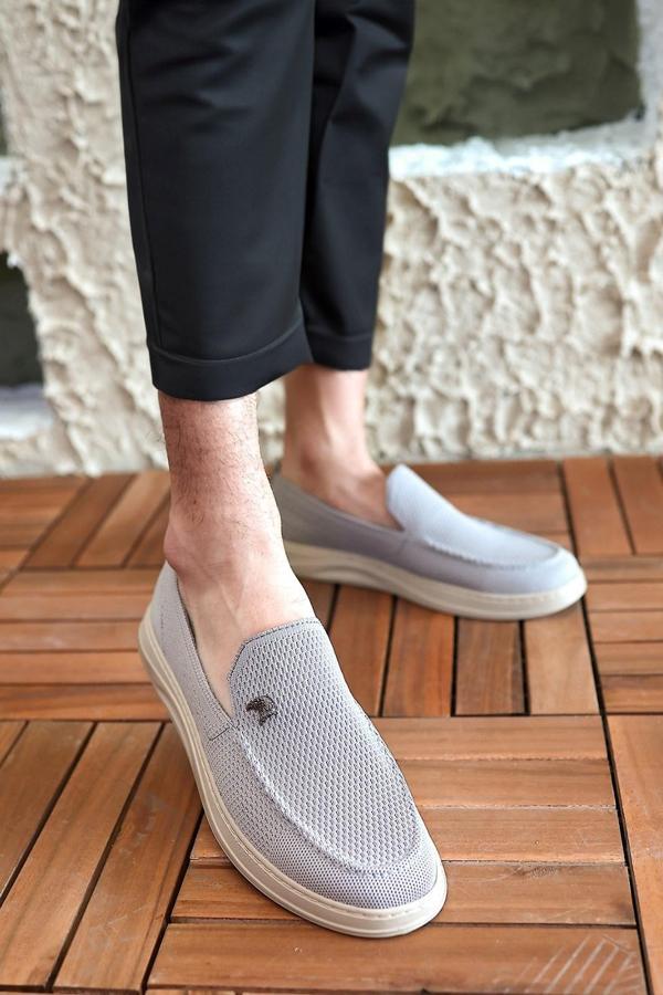 Terry Erkek Gri Garantili Rahat Dikişli Esnek Hakiki Deri Detaylı Triko Loafer TERRY-7992 - Image 1