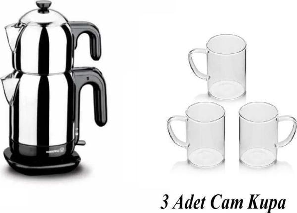 Korkmaz Çelik Çay Makinesi Siyah Kulplu 3 Adet Cam Kupa - Image 1