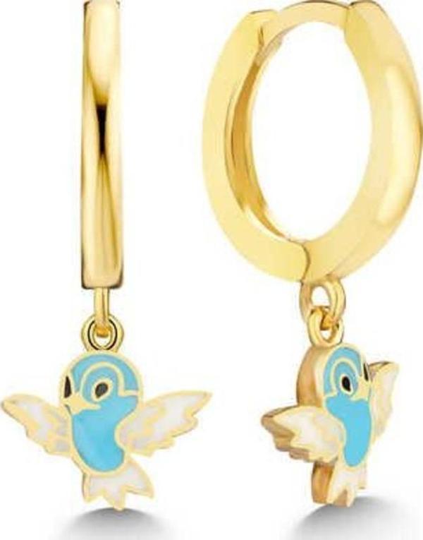 Gümüş Gold Mavi Renkli Sallantılı Kuş Kadın Küpe - Image 1