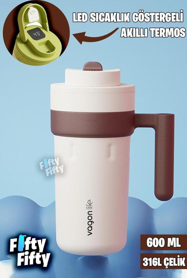 Vagonlife 600 ML LED Sıcaklık Göstergeli Akıllı Çelik Termos Kulplu -Kahve Bardağı-Mug-FFVGN2009 - Image 1