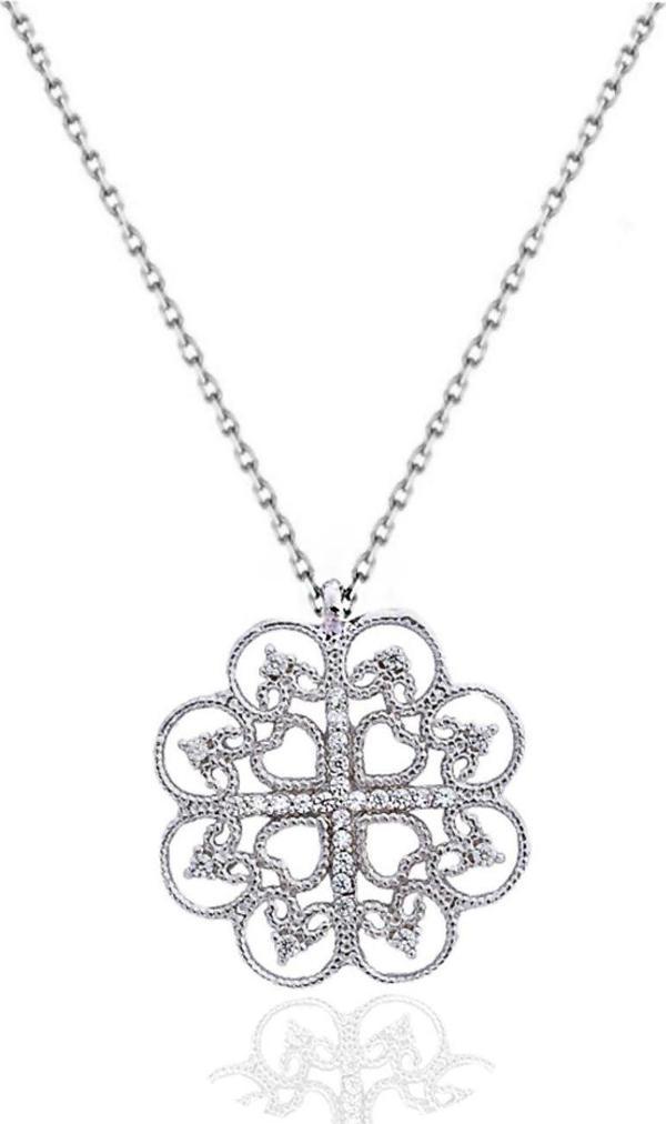 Dia Serisi Işıltılı Kalpli Yonca Kadın Gümüş Kolye - Image 1