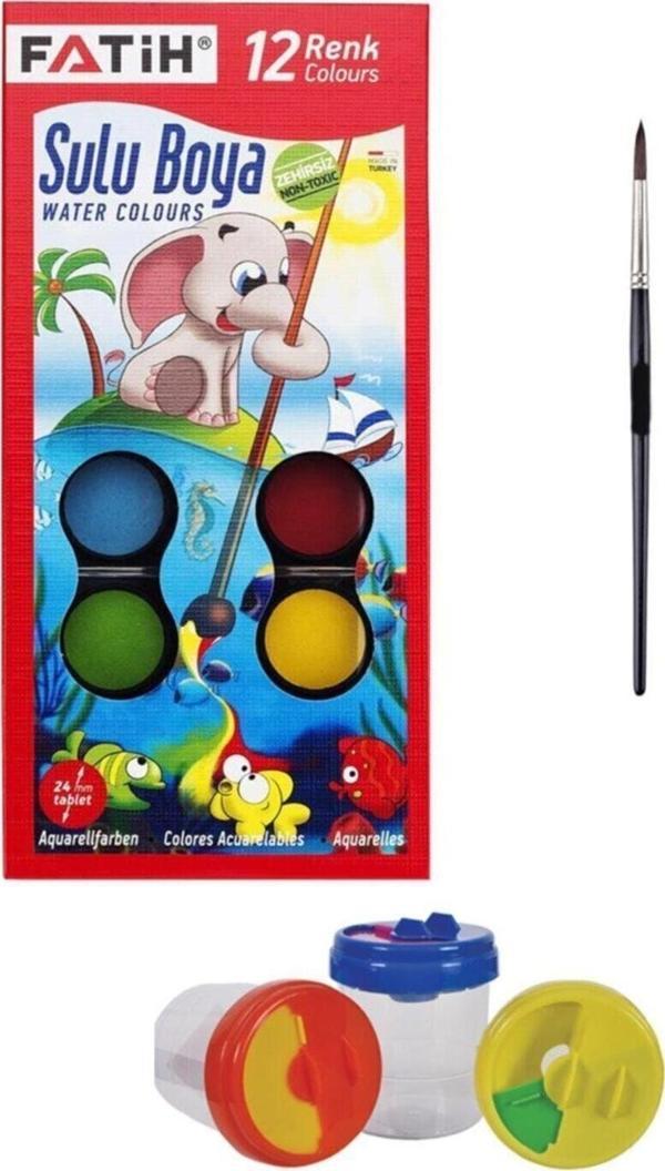 Fatih Sulu Boya 3'lü Set - 12'li Sulu Boya - Fırça - Su Kabı S.k - Image 1