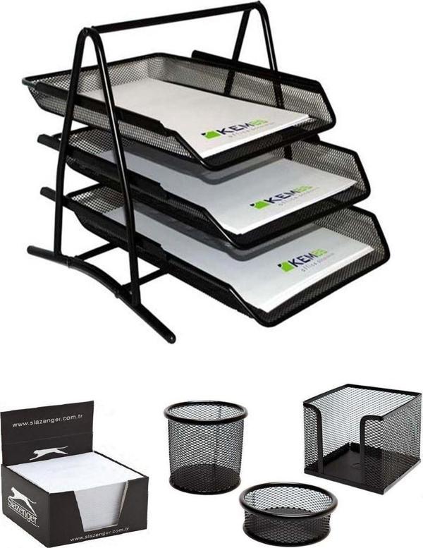 Mas A4 Evrak Rafı Metal Üçlü Perfore 3'lü Set (kalemlik, Ataşlık) Küp Blok - Image 1