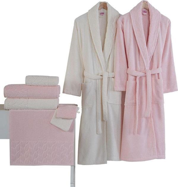 Nurpak Hazal Jakarlı Aile Bornoz Seti, Pembe - Krem % 100 Pamuk - Image 1