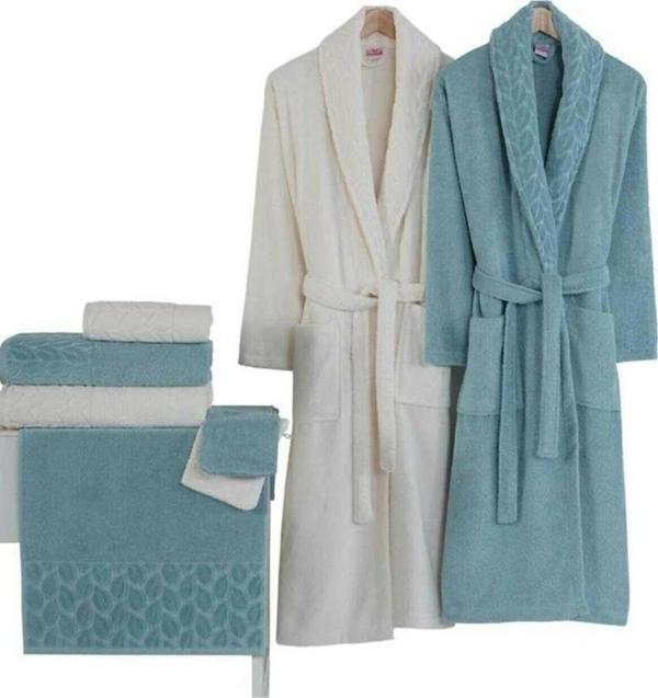 Nurpak Hazal Jakarlı Kısmi Kadife 8 Parça Aile Bornoz Seti - Image 1