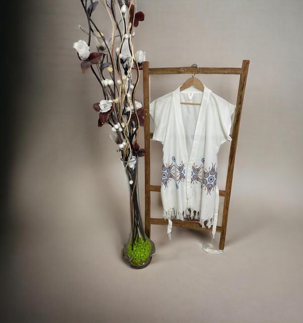 Beachwear, Nazar Boncuklu, Lale Desen, Kuşaklı, Kısa Kimono Peştemal, Bornoz, Plaj Kıyafeti - Image 1